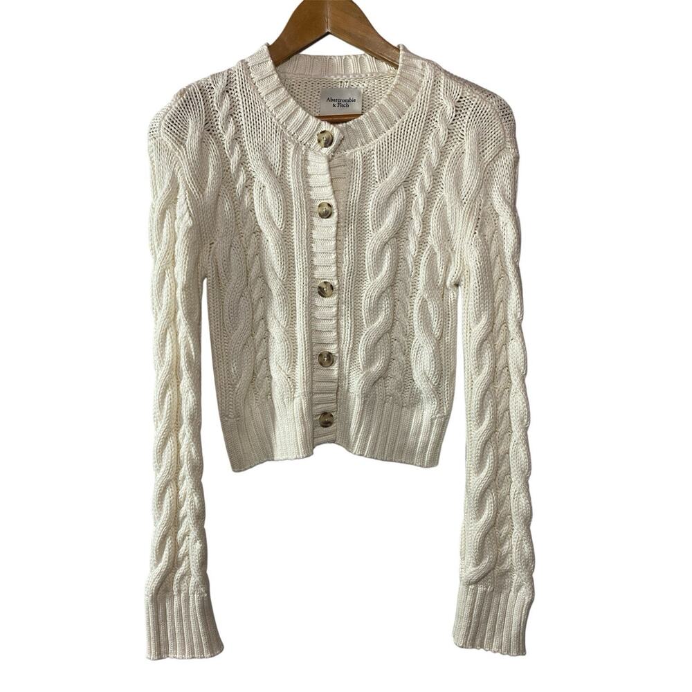 Abercrombie & Fitch Cable Ribbed Knit Cardigan XS Cream Off White Chunky Crop